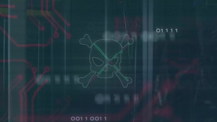 Binary digits appearing sparking skull outline forming through red circuits showing hacking flow
