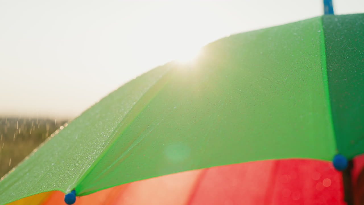 paraguas protege de la lluvia en el tiempo soleado gotas de lluvia se recogen y se deslizan por el dosel de brillante