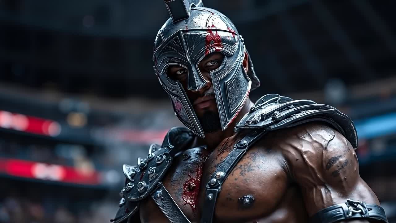 A man in a spartan costume with blood on his face