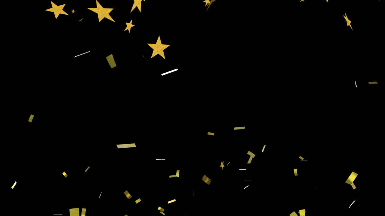 Animasi bintang melayang di atas konfeti di latar belakang hitam