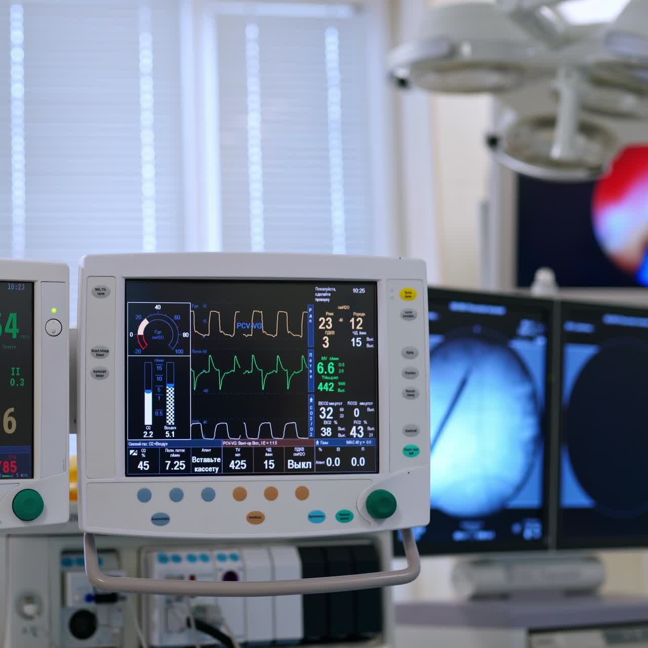 Artificial lung ventilation monitor in the intensive care unit. Hospital, surgical operating room. Life saving. Ventilation of the lungs with oxygen.