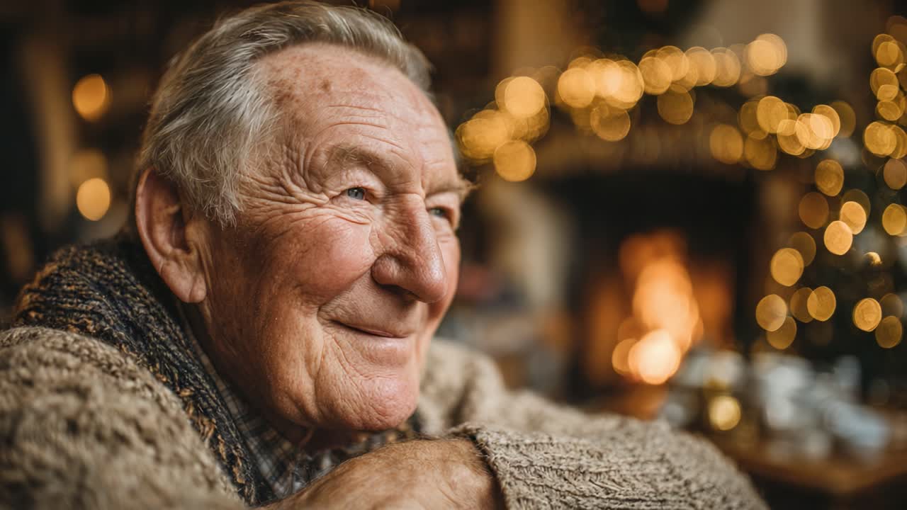 A Warm and Joyful Elderly Man Enjoying a Cozy Moment by the Fire, Surrounded by a Soft Glow of Holiday Lights and an Inviting Atmosphere of Comfort and Contentment
