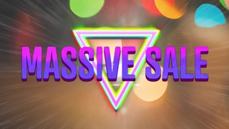 Animation-of-retro-massive-sale-purple-text-over-neon-triangle-on-colourful-spots-of-light