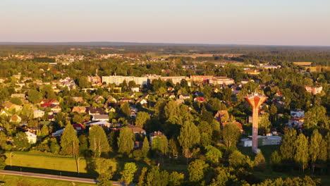 aerial view of a town at sunset