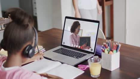 estudiante afroamericana en una computadora portátil aprendiendo en línea con una maestra biracial