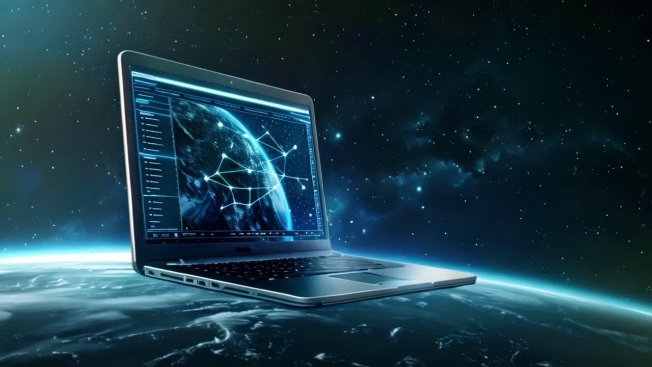 Laptop Floating in Space Above Earth