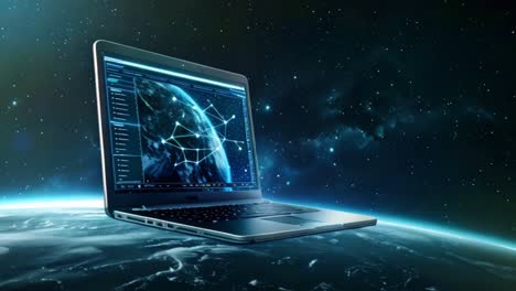 laptop floating in space above earth