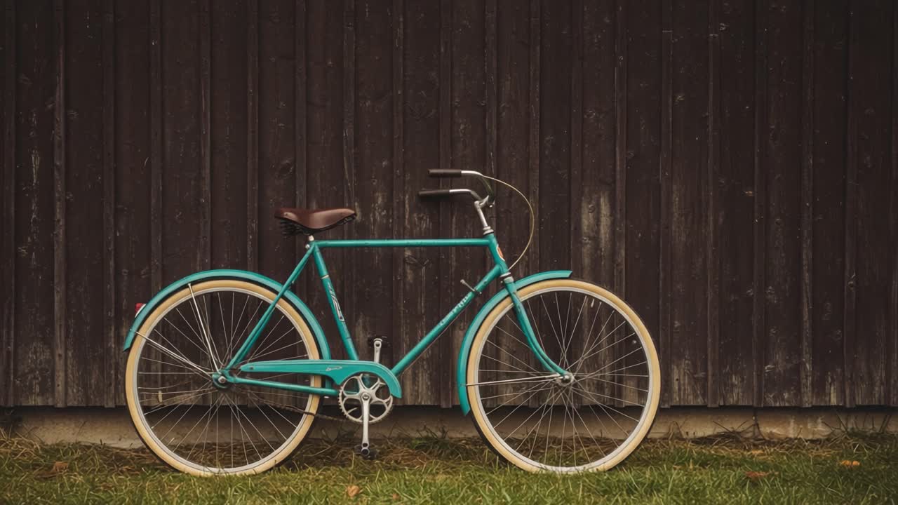 A Vintage Bicycle Stands Leaning Against a Wooden Fence, Showcasing Its Elegant Design and Vibrant Color Against a Natural Background