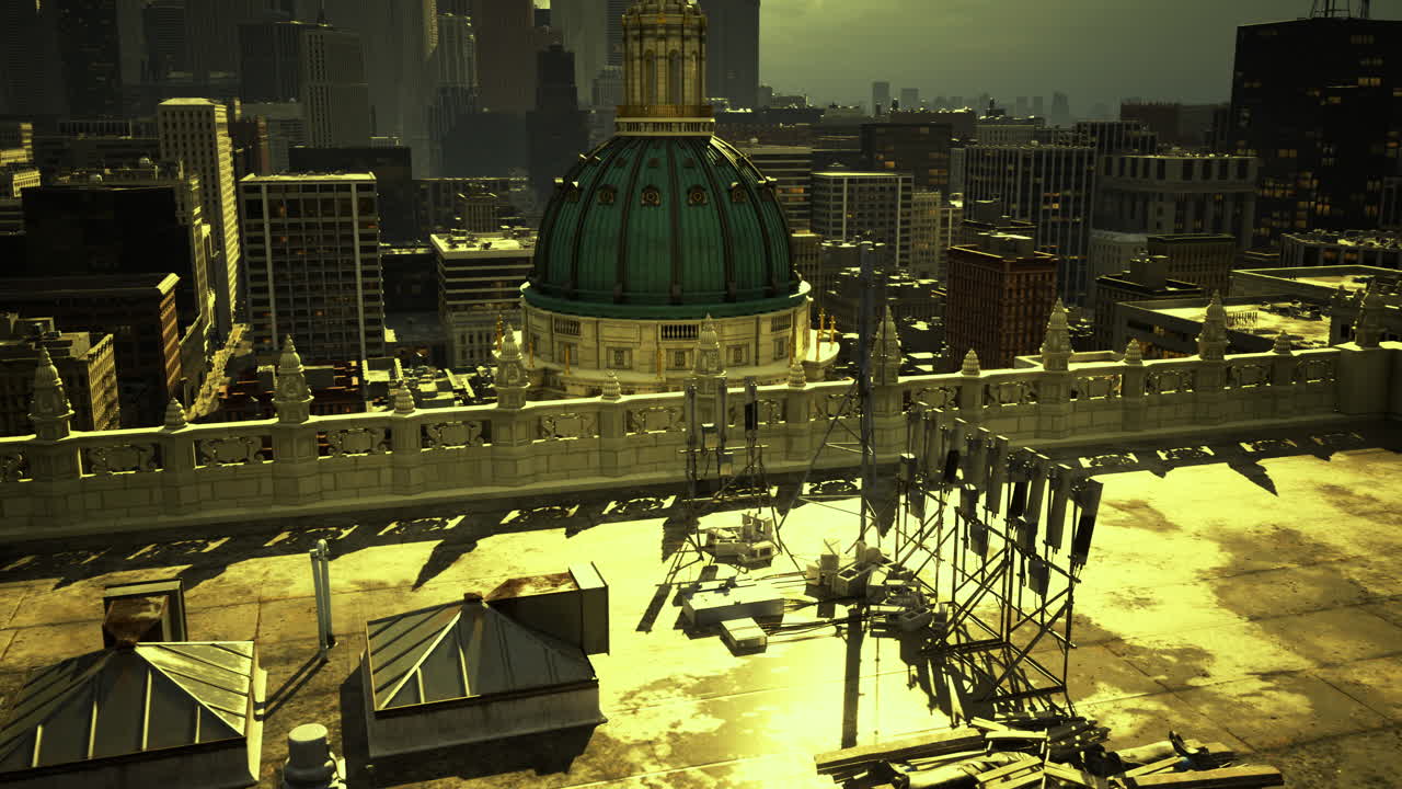 Urban rooftop view with a green dome amidst a city skyline at sunset