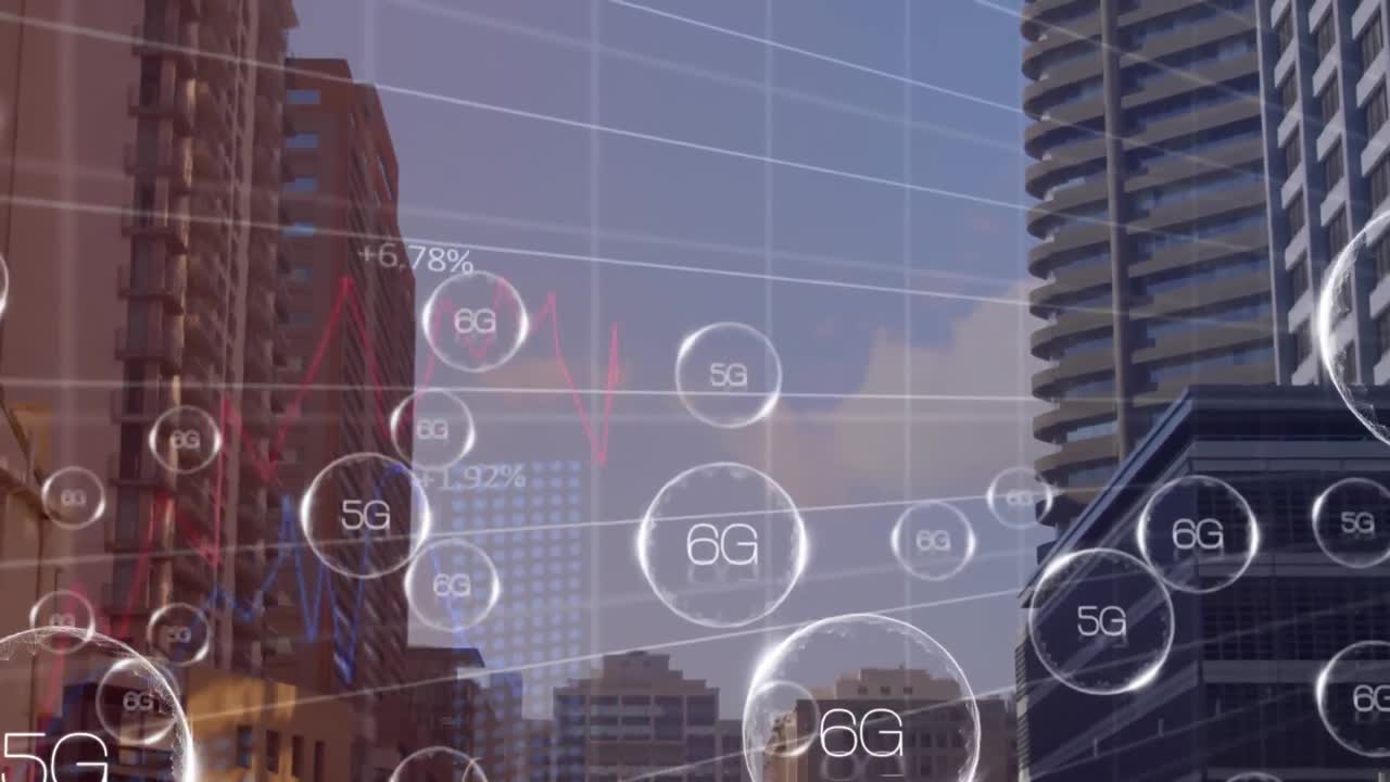 도시 풍경 위의 6g 텍스트 네트워크의 애니메이션