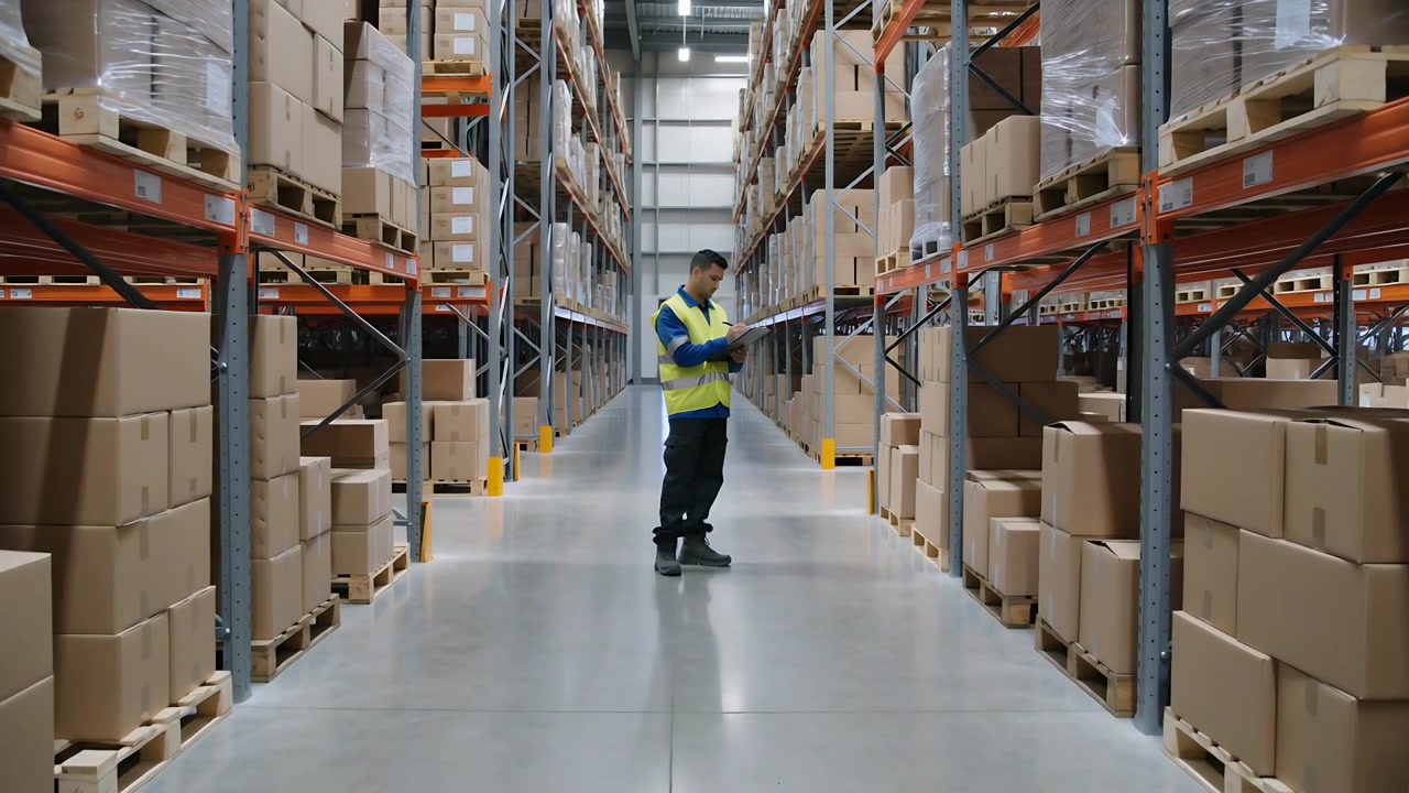Operaio di magazzino con giubbotto ad alta visibilità che tocca un tablet nel corridoio, ispezionando scaffalature per pallet