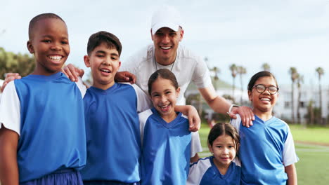 portrait, team and children with coach for sports