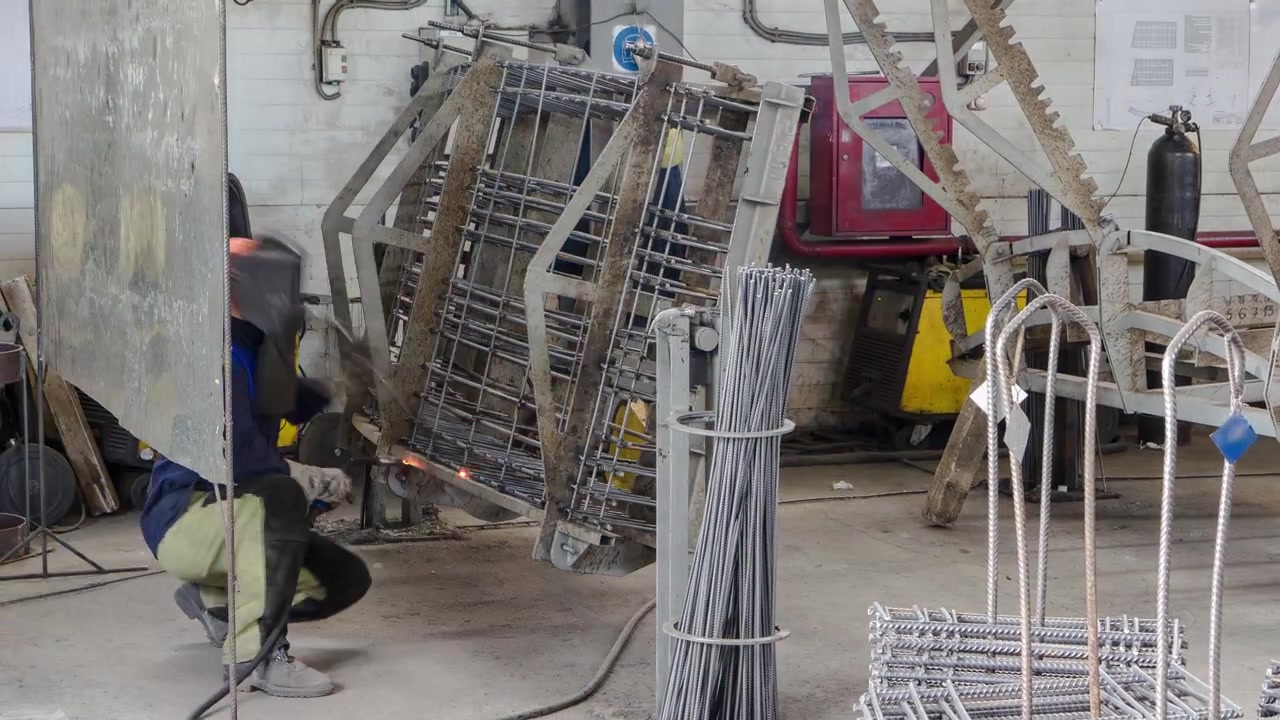 Soldador trabajando con electrodo en soldadura por arco semiautomática en una planta de producción industrial, timelapse. Trabajador con uniforme y refuerzo metálico.