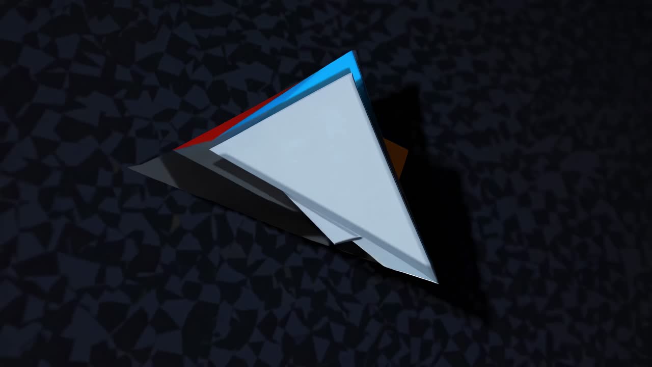 Brightly colored translucent triangles overlap, creating a sense of depth and movement against a dark, textured background, forming an abstract, visually stimulating composition