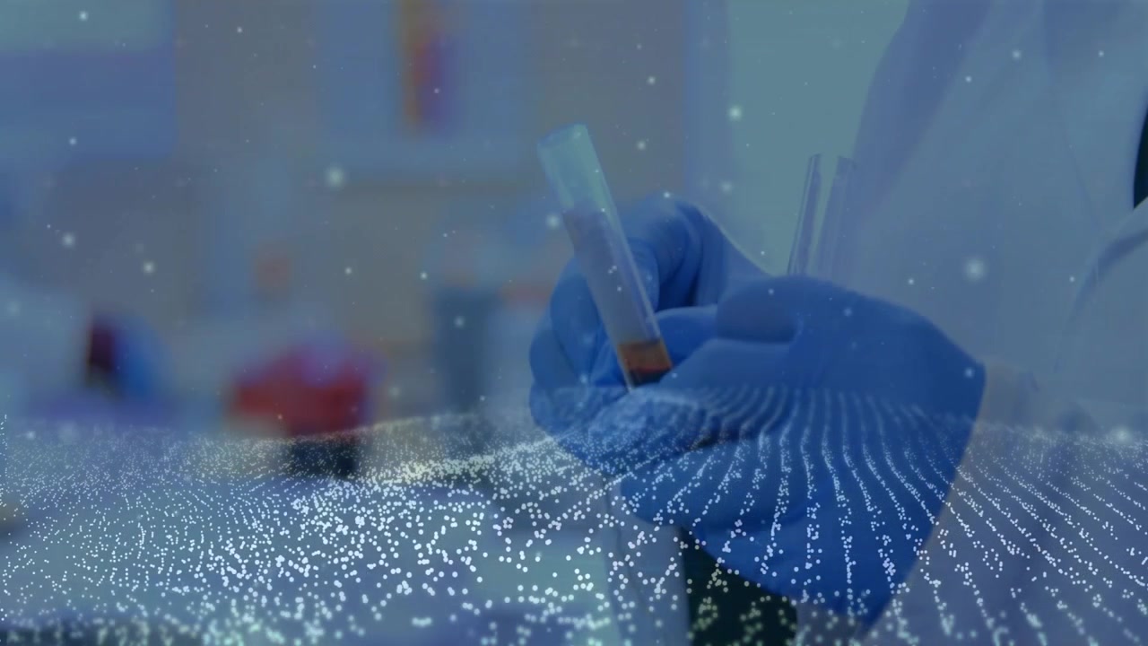 Gloved hand entering from right grabbing test tube, rotating inspecting sediment under mesh overlay
