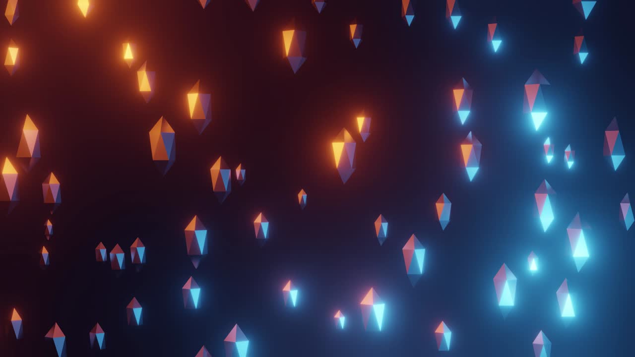 오렌지색과 파란색 선으로 추상적인 디지털 세계에 있는 크리스탈입니다.