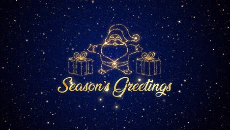 Schöne-Saisonale-Animierte-Bewegungsgrafik-Des-Weihnachtsmanns-Mit-Geschenken,-Die-In-Glitzernden-Partikeln-Auf-Einem-Sternenklaren-Hintergrund-Dargestellt-Sind,-Mit-Der-Saisonalen-Nachricht-„Weihnachtsgrüße“.