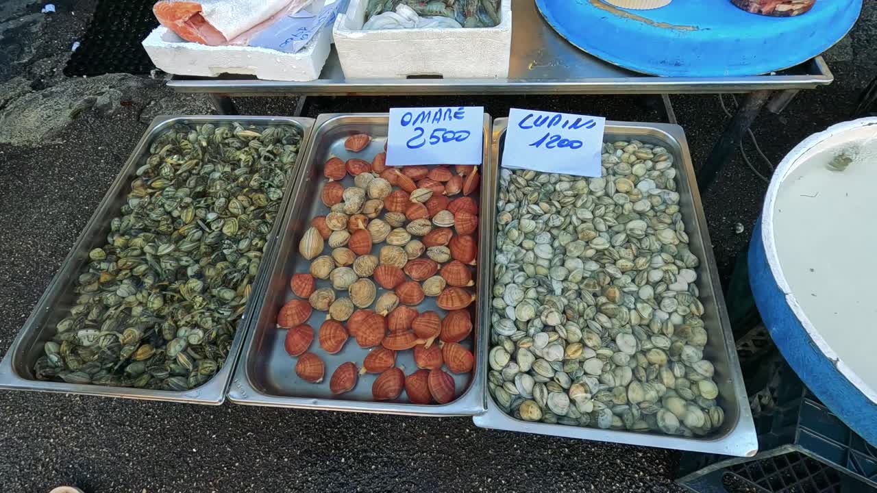 almejas frescas y mariscos exhibidos en el mercado de nápoles