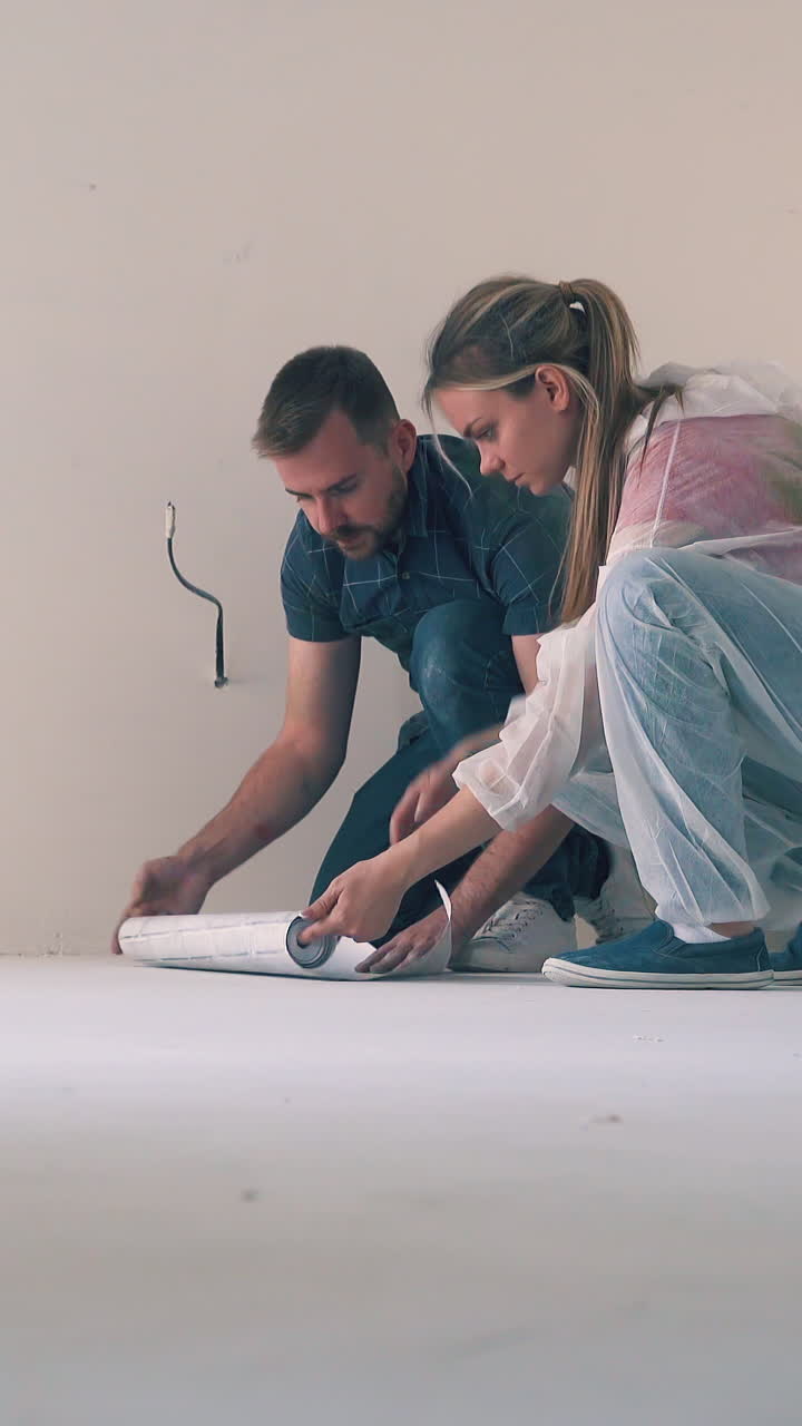 handsome young man with pretty wife checks sheet of light wallpaper on floor near white wall in empty renewing room