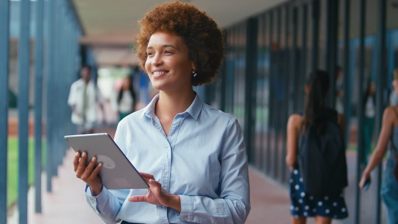 Insegnante donna sorridente delle scuole superiori con tablet digitale all'aperto a scuola