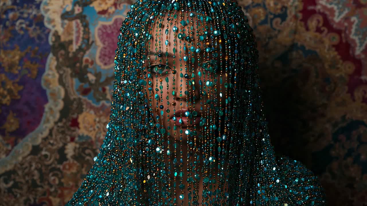 Revealing model nudging veil in studio, teal beaded veil shifting for portrait, eyes appearing