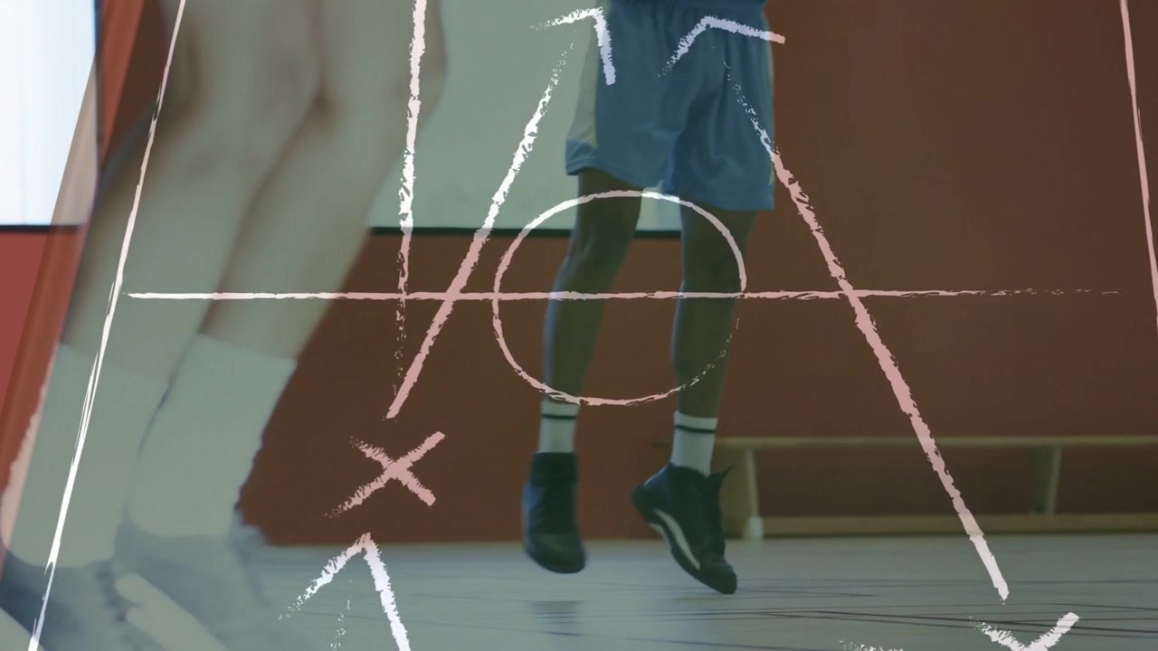 Blue ball-handler starting dribble on basketball court, pivoting while chalk overlay guiding play