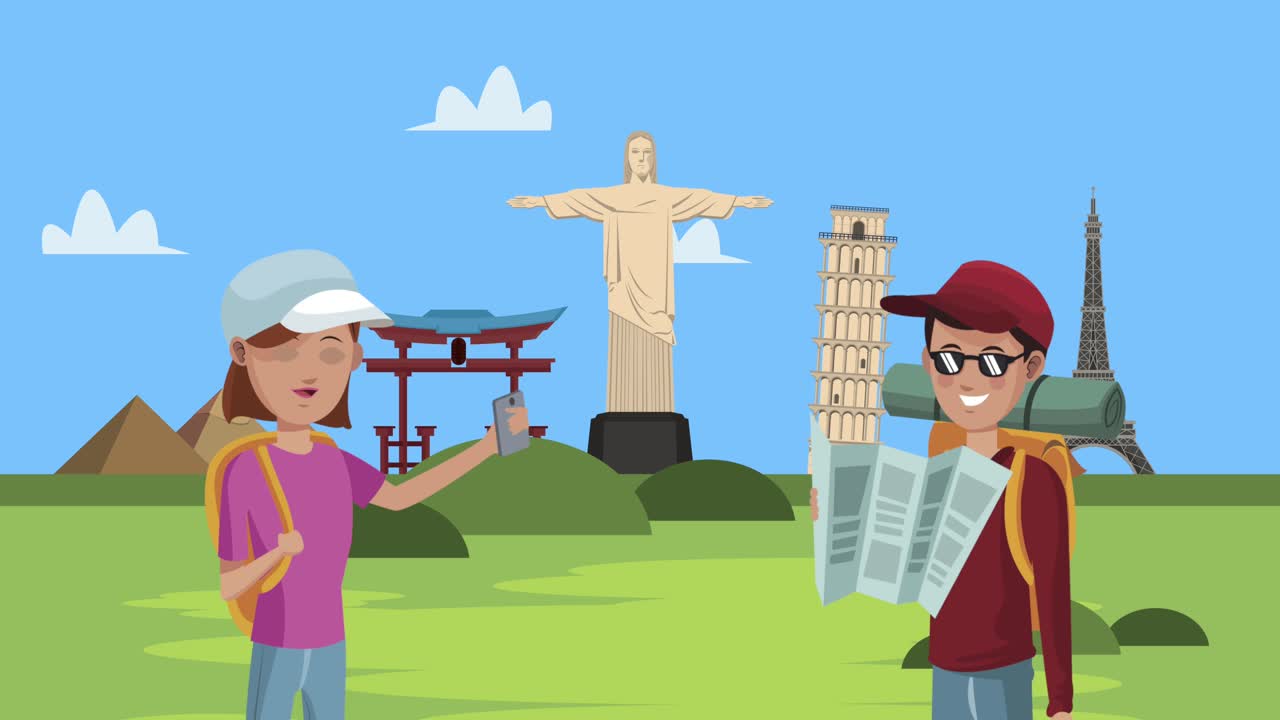 랜드마크 애니메이션을 가진 부부 관광객