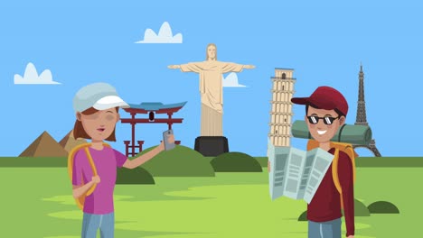pareja de turistas con animación de puntos de referencia