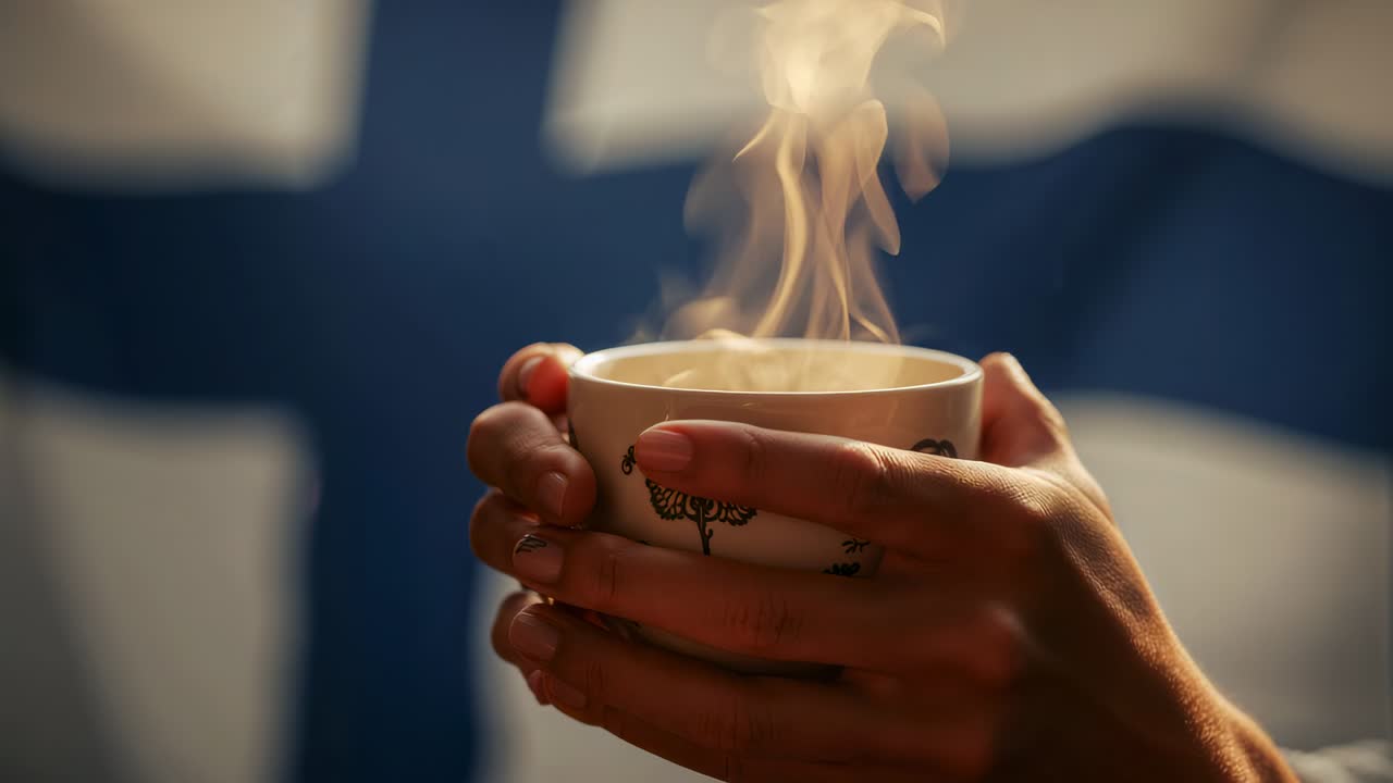 Cradling woman's hands holding hot cup with tree motif, steam rising in room, rings, red nails
