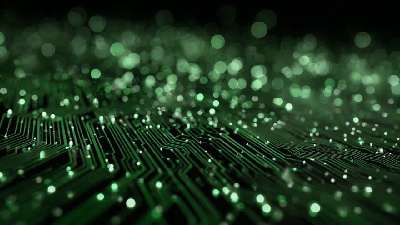Illuminated Circuitry: A Close-Up Perspective of a High-Tech Green Circuit Board with Shimmering Lights Reflecting the Depths of Modern Technology