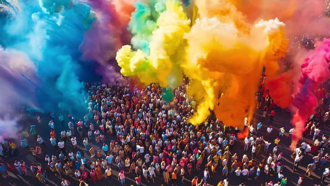 Aerial View of a Vibrant Color Festival with a Crowd of People