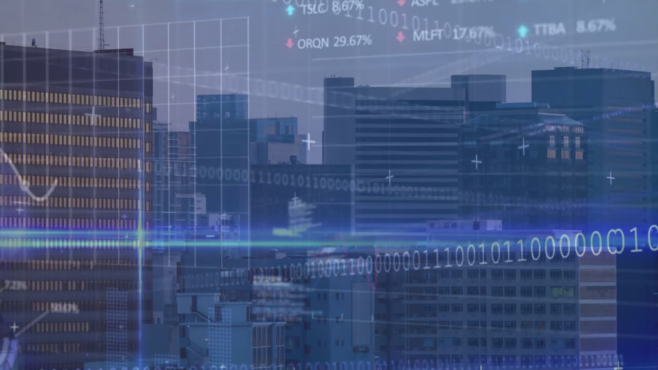 City skyline being animated at dusk, featuring floating binary code, grid lines, stock tickers