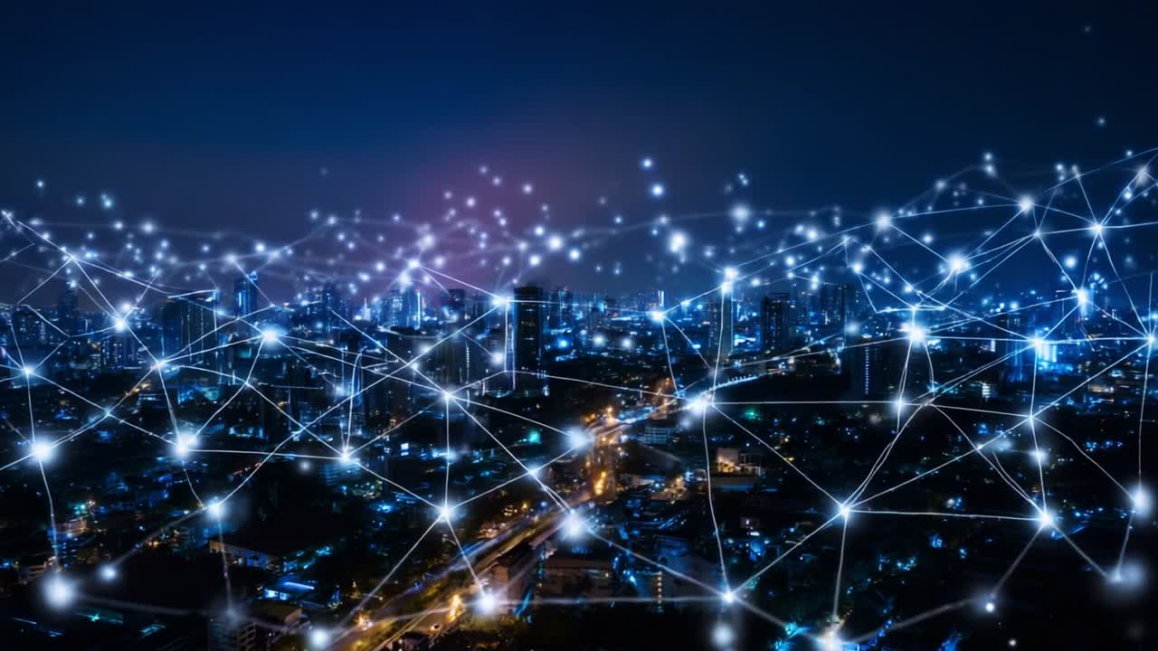 A Captivating Nighttime Cityscape: Illuminated by Digital Connections and Glowing Networks, Showcasing the Vibrant Interplay of Technology and Urban Life in a Modern Metropolis Under a Starry Sky