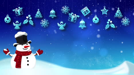 una animación navideña y de año nuevo con íconos gráficos desplegables asociados con el paisaje de vacaciones de invierno estacional con caídas de nieve y fondo temático de ventisqueros