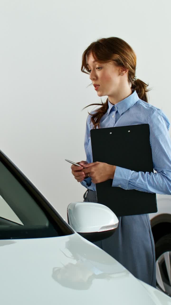 mujer comprobando un coche en un concesionario