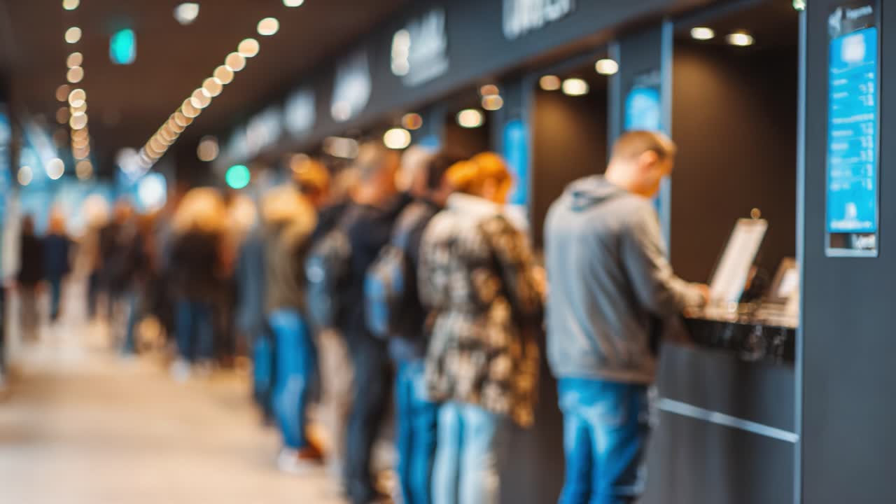 A Busy Ticketing Area with Attendees Actively Purchasing Tickets at Various Counters in a Modern Venue, Surrounded by Soft Lighting and a Stylish Ambiance