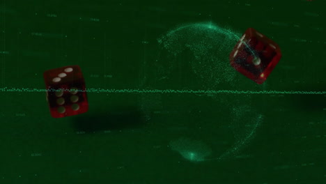 lanzamiento de dados con puntos de datos y formas de onda animación sobre fondo verde