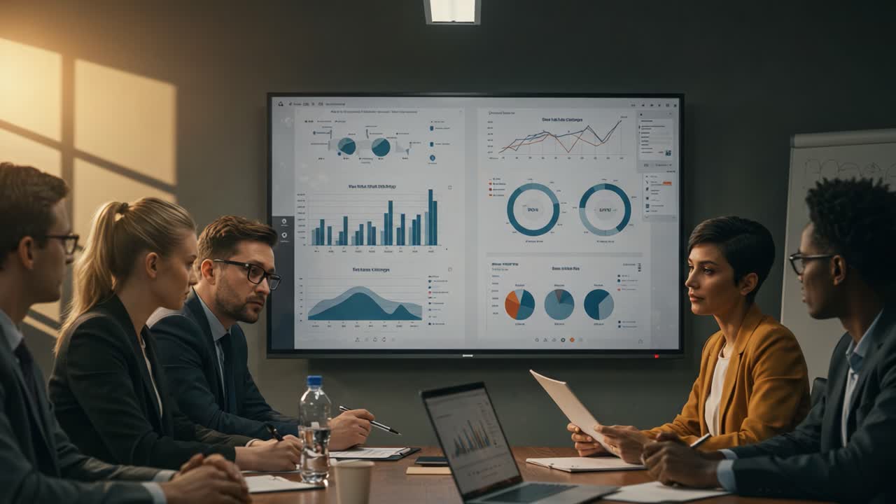 Business Meeting: Team Analyzes Data and Strategies with Charts and Graphs for Effective Decision-Making in a Modern Office Environment