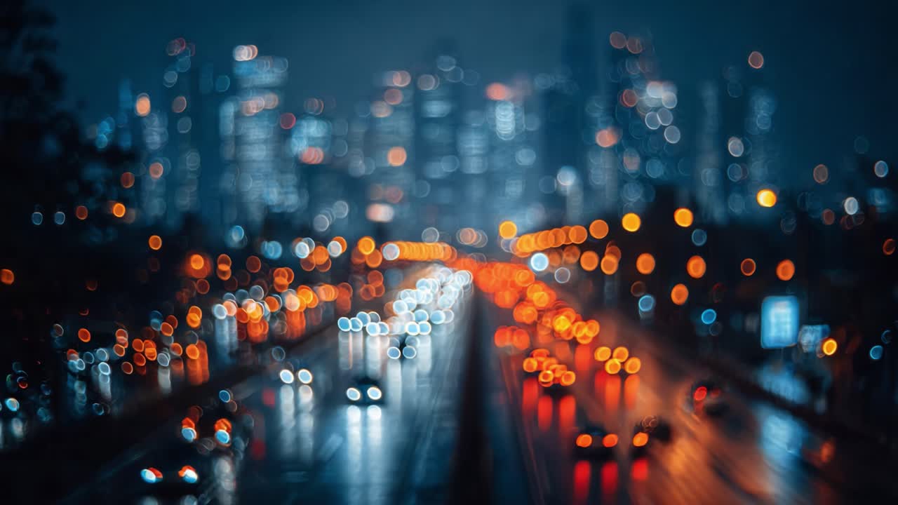 Eine lebendige abendliche Stadtlandschaft mit verschwommenen Lichtern und Verkehr, die die Energie und Bewegung des urbanen Lebens bei Nacht hervorruft