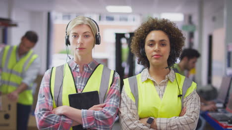 portrait of two female workers wearing headsets in distribution warehouse using digital tablet