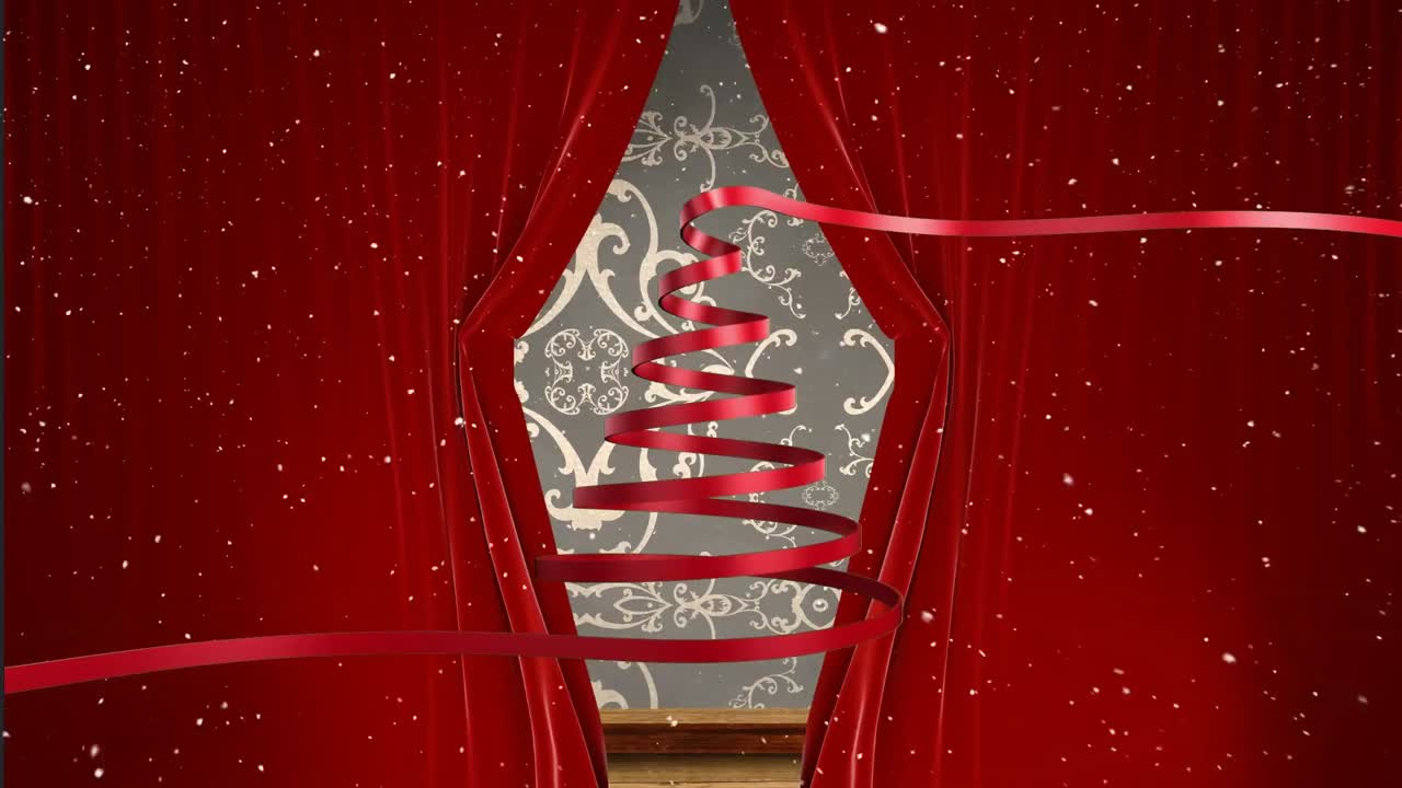 ⁇ 은 커튼 위에 눈이 떨어지고  ⁇ 은 리본이 크리스마스 트리를 형성하는 애니메이션