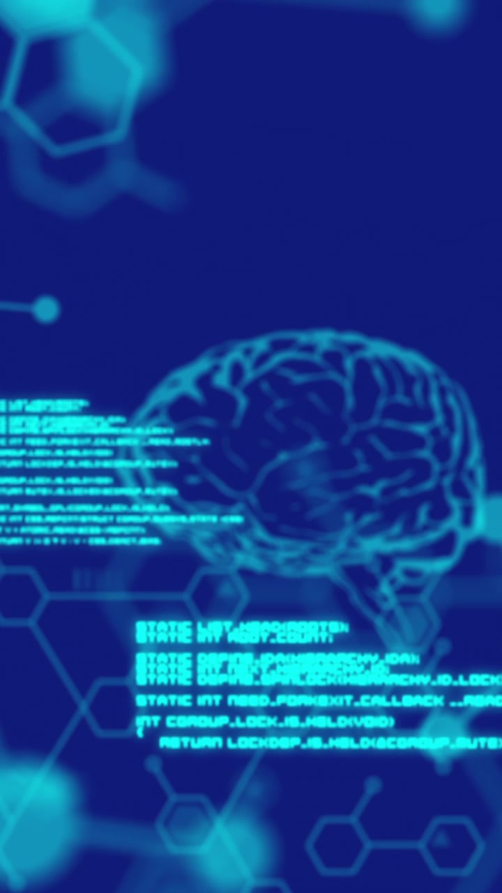 Animation of digital brains medical data processing and information flowing on blue background