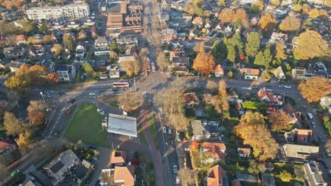 aerial of a busy intersection in a small town center