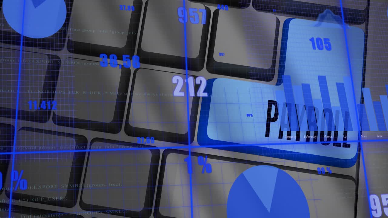 animación del procesamiento de datos financieros sobre el texto de la nómina en el teclado