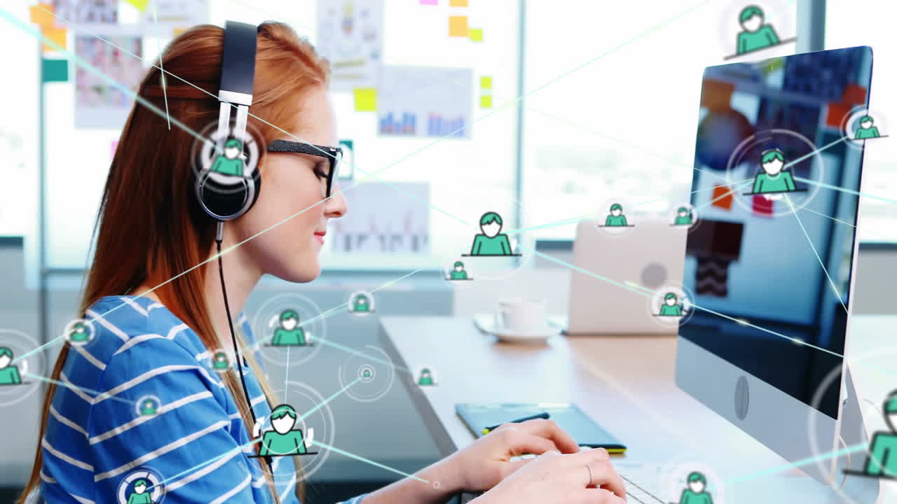 Wearing headphones and working on computer, woman connected to network animation
