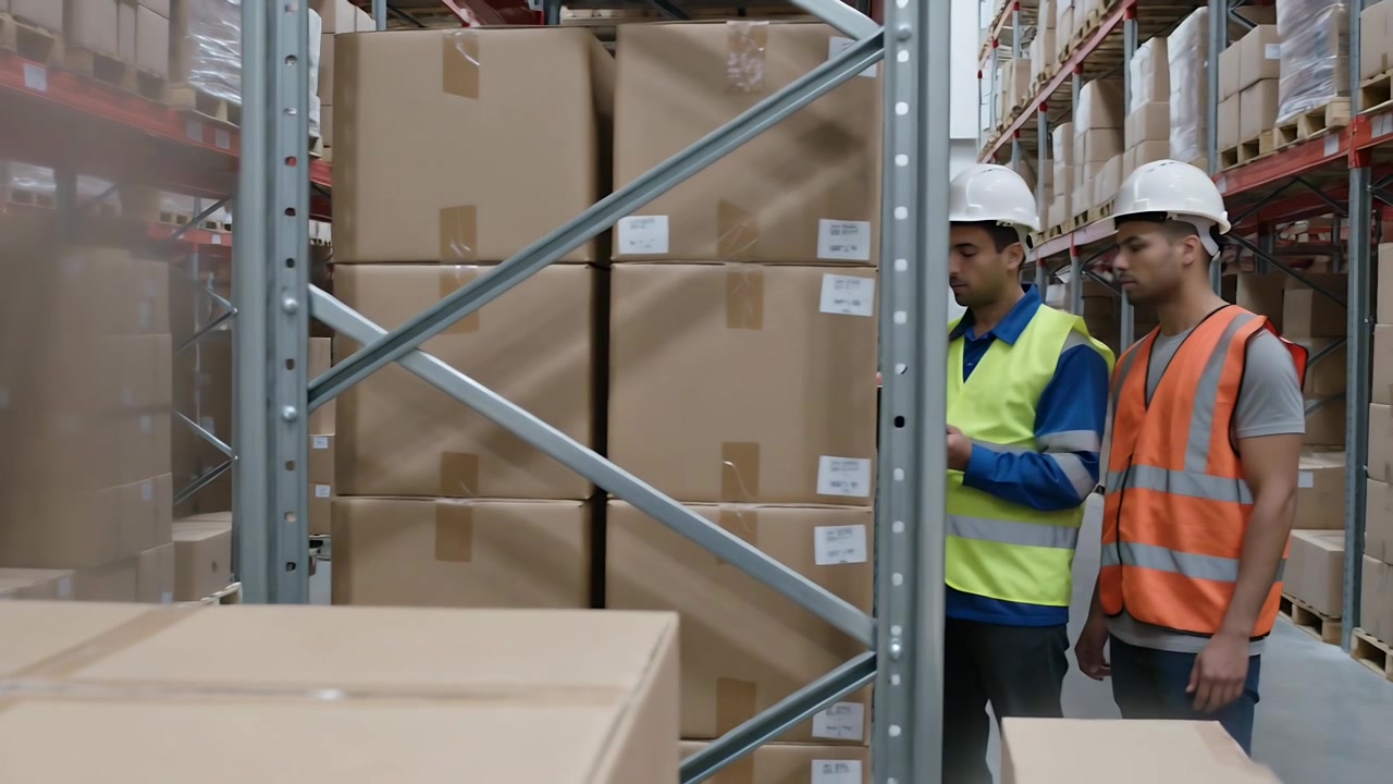 Carro en movimiento acercándose a una pila de cajas en un almacén, trabajadores con chalecos y sombreros revisando un portapapeles.
