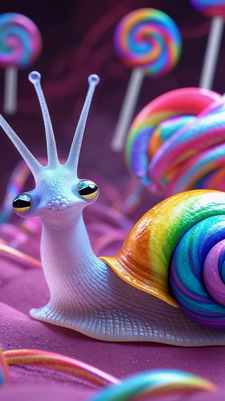 Vertical video: Raising eyestalks rainbow snail gliding over pink candyland, to explore lollipops