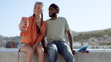 Happy,-skateboard-and-couple-taking-selfie