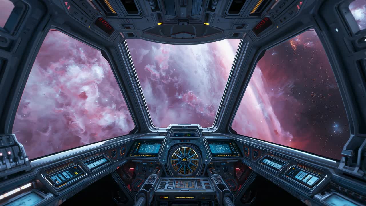 Recording starting spaceship cockpit showing console lights fluctuating and nebula glow pulsing