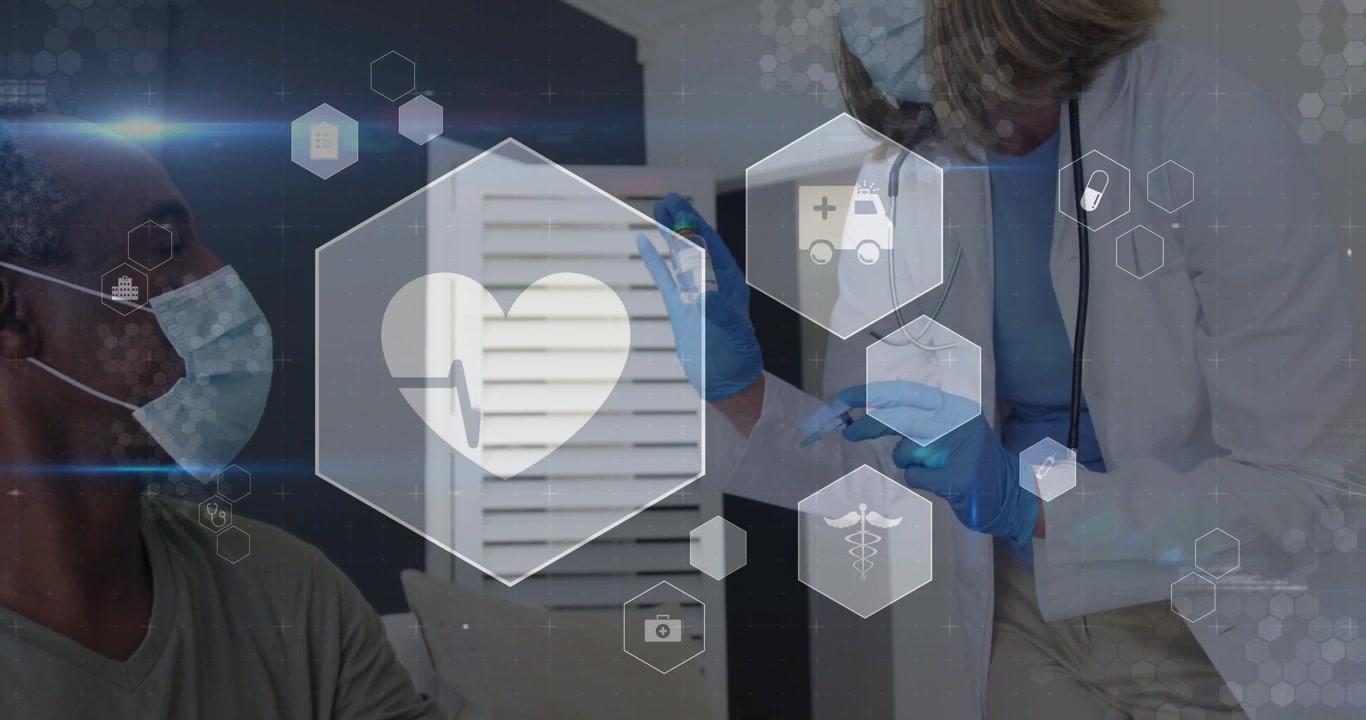 Operatore sanitario che preleva da una fiala e fa un'iniezione a un paziente, con icone a forma di cuore che si animano sul braccio per l'immunità.
